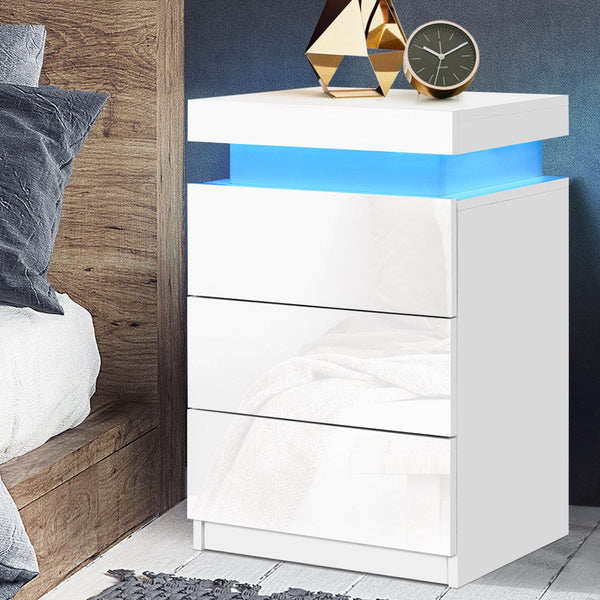 Artiss Bedside Table Led 3 Drawers Coley White Bedside Tables