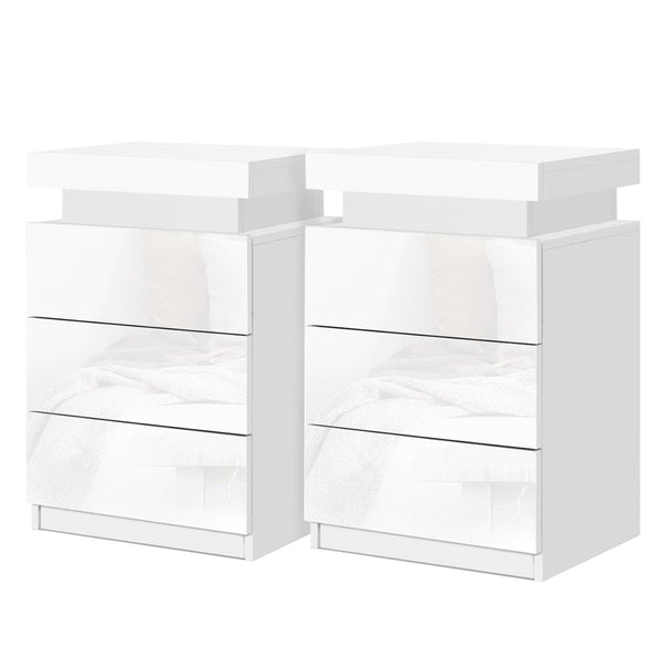Artiss 2X Bedside Table Led 3 Drawers Coley White Bedside Tables