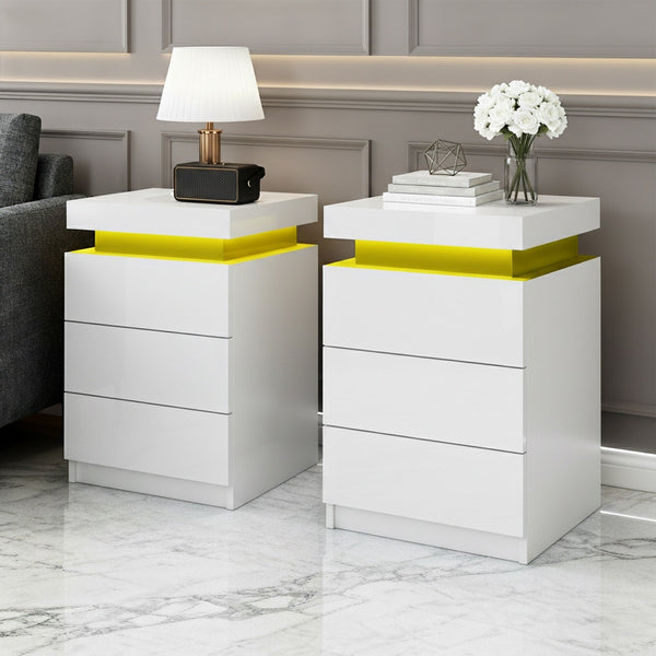 Artiss 2X Bedside Table Led 3 Drawers Coley White Bedside Tables