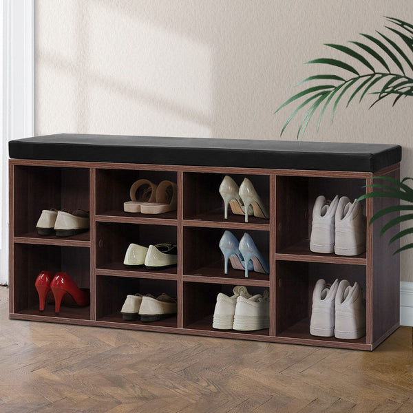 Artiss Shoe Rack Cabinet Bench 10 Cubes Walnut Shoe Racks