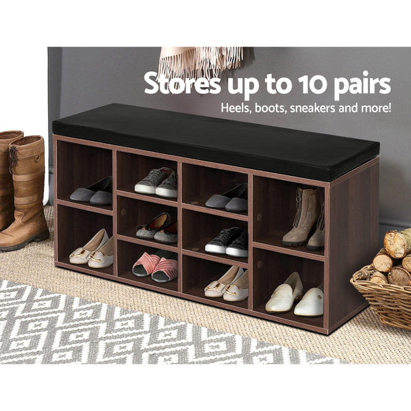 Artiss Shoe Rack Cabinet Bench 10 Cubes Walnut Shoe Racks