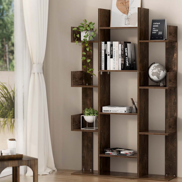 Particle Board Bookshelf Walnut Tree Shaped Multi Compartment Home Furniture Bookshelves
