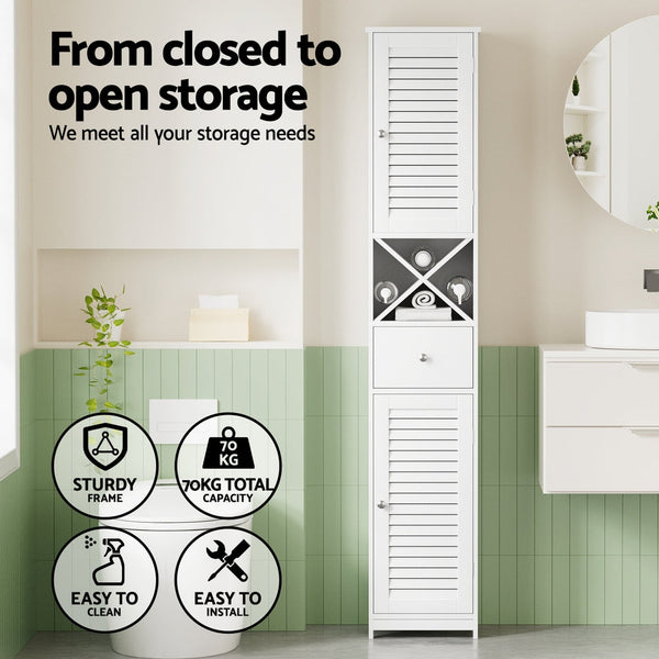 Artiss Bathroom Storage Cabinet 170Cm Tall Slim Organiser Toilet Corner Adjustable Shelf Louver Door White Bathroom Cabinets