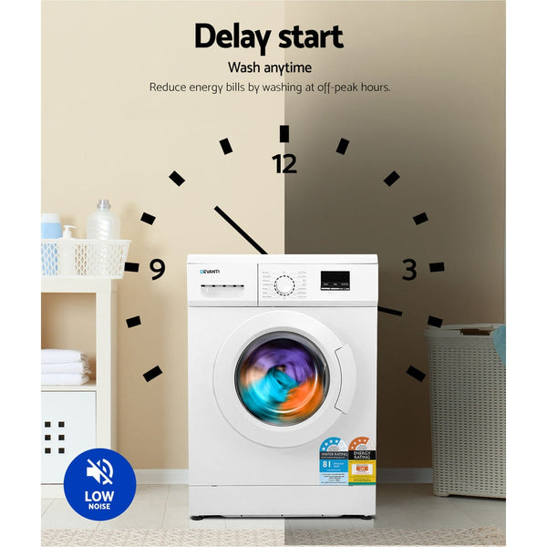Devanti 8Kg Front Load Washing Machine Quick 24H Delay Start Automatic Washing Machines