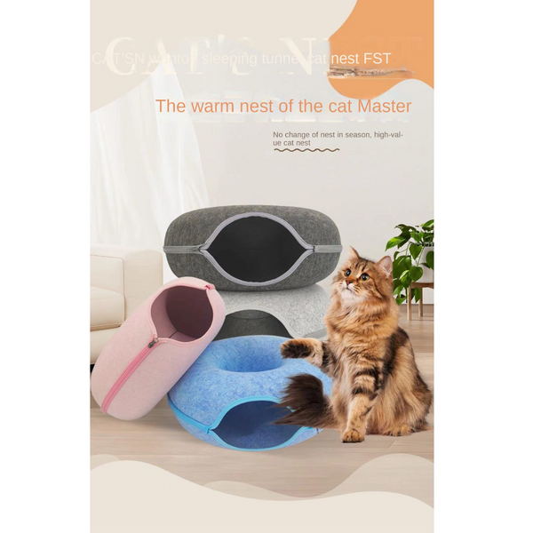 Felt Donut Cat Bed With Zipper Tunnel And Toy Double Layer Pet For Cats Pet Beds