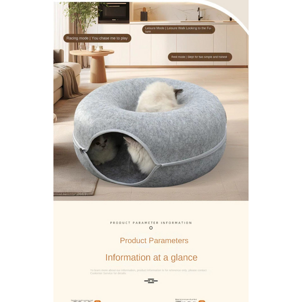 Felt Donut Cat Bed With Zipper Tunnel And Toy Double Layer Pet For Cats Pet Beds