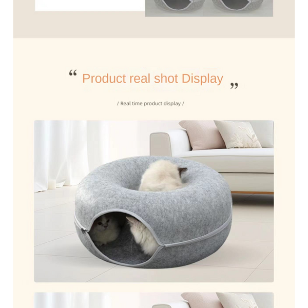 Felt Donut Cat Bed With Zipper Tunnel And Toy Double Layer Pet For Cats Pet Beds
