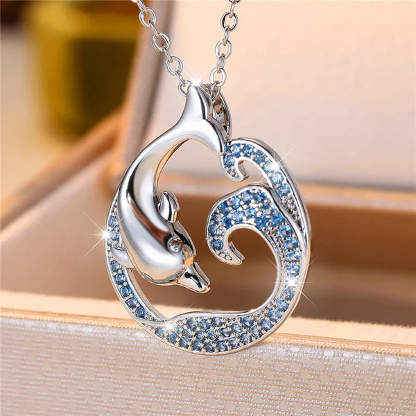 Veile Studios Female Crystal Blue Zircon Dolphin Pendant Necklace Wedding Jewelry Necklaces & Pendants
