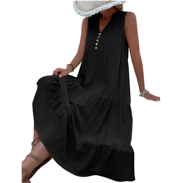 Light Blue Flowy Sleeveless Midi Dress Solid Sundress With Decorative Buttons Size Dresses