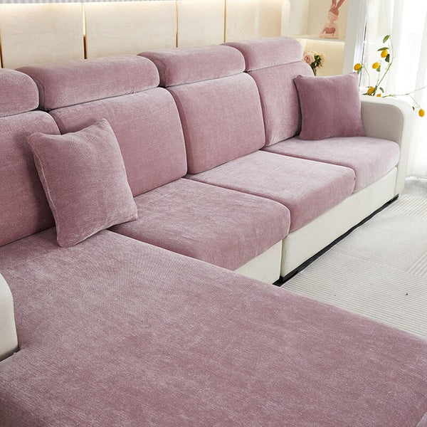 Sofa Cover Old Rose L Shape Polyester Chenille Thick Stretchable Cushion Slipcovers