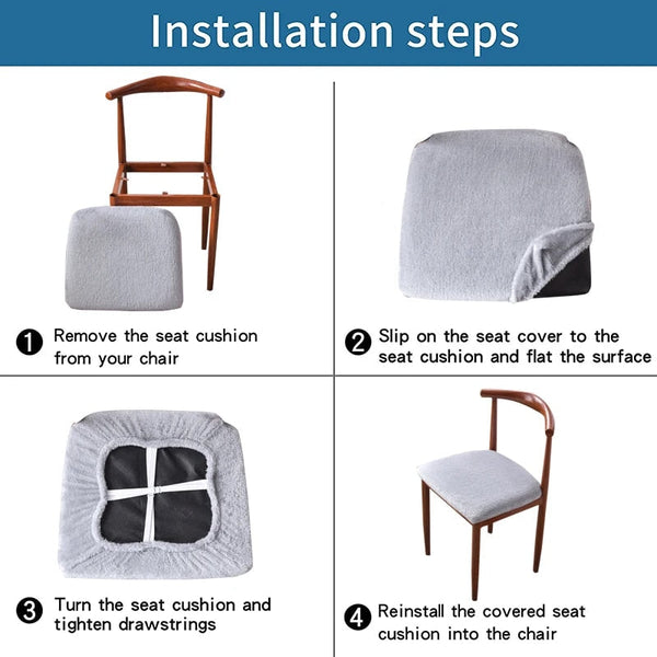 Beige Fur Stretch Chair Seat Cover For Dining Kitchen Washable Removable Slipcovers