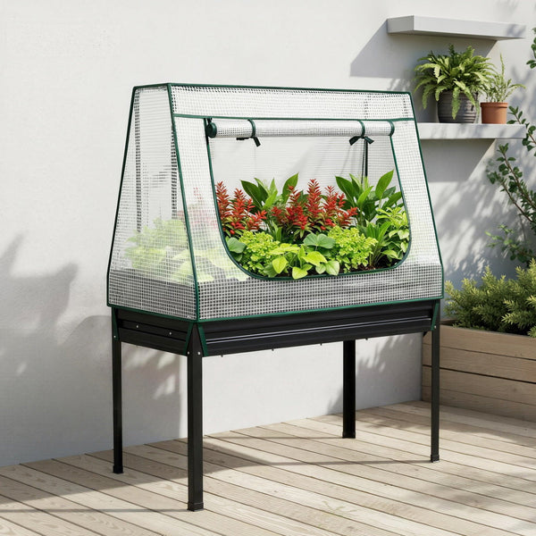 Green Fingers Elevated Metal Garden Bed Kit W Mini Greenhouse Cover 116X60cm Stand Up Height Trellis Raised Garden Beds
