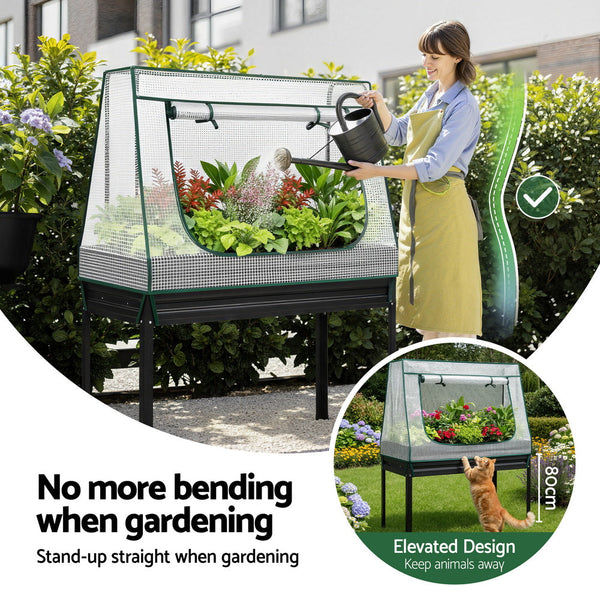 Green Fingers Elevated Metal Garden Bed Kit W Mini Greenhouse Cover 116X60cm Stand Up Height Trellis Raised Garden Beds