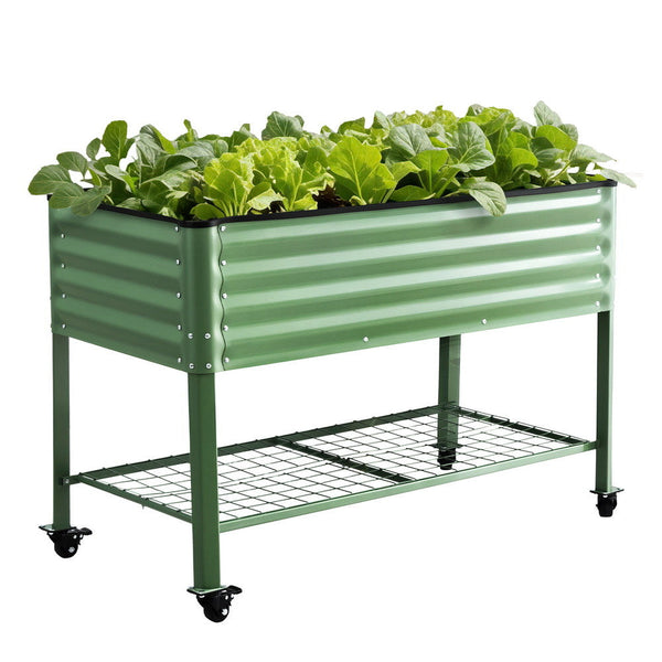 Green Fingers Elevated Raised Garden Bed Kit Mobile W/ Locking Wheels & Storage Shelf 100Kg Max Load 115X60x81cm | Galvanized Steel, Portable Green Or