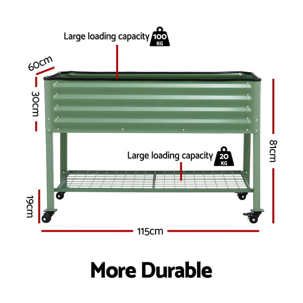 Green Fingers Elevated Raised Garden Bed Kit Mobile W/ Locking Wheels & Storage Shelf 100Kg Max Load 115X60x81cm | Galvanized Steel, Portable Green Or
