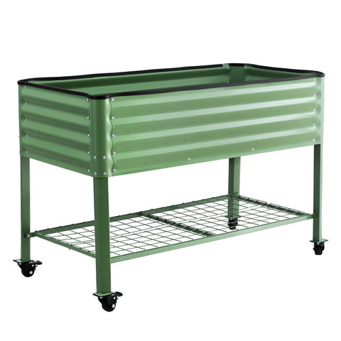 Green Fingers Elevated Raised Garden Bed Kit Mobile W/ Locking Wheels & Storage Shelf 100Kg Max Load 115X60x81cm | Galvanized Steel, Portable Green Or