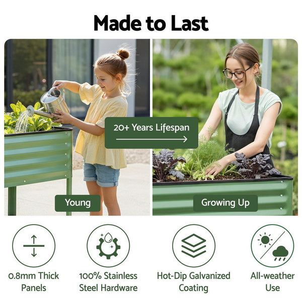 Green Fingers Elevated Raised Garden Bed Kit Mobile W/ Locking Wheels & Storage Shelf 100Kg Max Load 115X60x81cm | Galvanized Steel, Portable Green Or