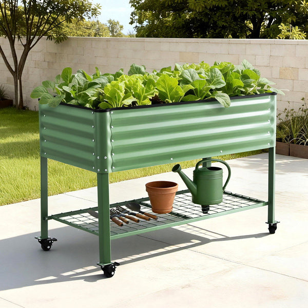 Green Fingers Elevated Raised Garden Bed Kit Mobile W/ Locking Wheels & Storage Shelf 100Kg Max Load 115X60x81cm | Galvanized Steel, Portable Green Or