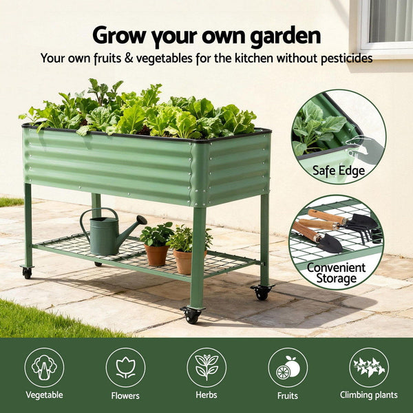 Green Fingers Elevated Raised Garden Bed Kit Mobile W/ Locking Wheels & Storage Shelf 100Kg Max Load 115X60x81cm | Galvanized Steel, Portable Green Or