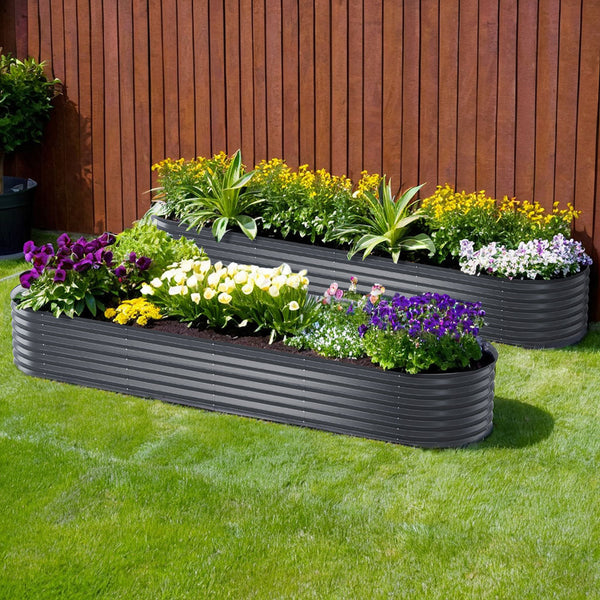 Green Fingers 2X Raised Garden Bed 320X80x42cm Oval Planter Box Container Galvanised Raised Garden Beds