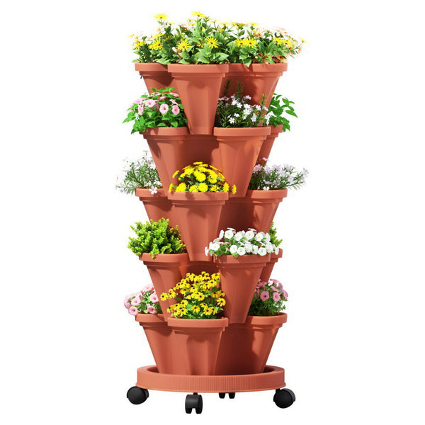 Green Fingers Raised Garden Bed 5 Tier Vertical Garden Brick Red Strawberry Stackable Planters Herbs Petunias Raised Garden Beds