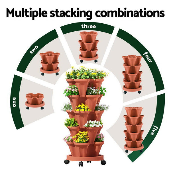 Green Fingers Raised Garden Bed 5 Tier Vertical Garden Brick Red Strawberry Stackable Planters Herbs Petunias Raised Garden Beds