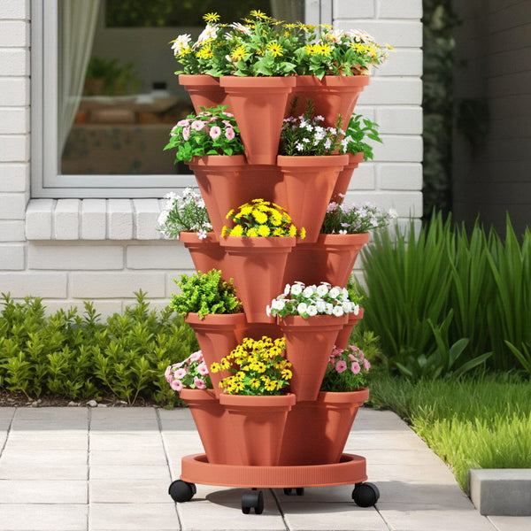Green Fingers Raised Garden Bed 5 Tier Vertical Garden Brick Red Strawberry Stackable Planters Herbs Petunias Raised Garden Beds