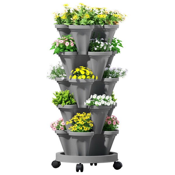 Green Fingers Raised Garden Bed 5 Tier Vertical Garden Brick Red Strawberry Stackable Planters Herbs Petunias Raised Garden Beds