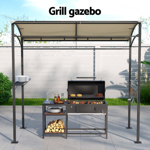 Instahut Gazebo Outdoor Bbq Grill Patio Garden Marquee Shade Shelter Shelf Hooks Beige Marquees