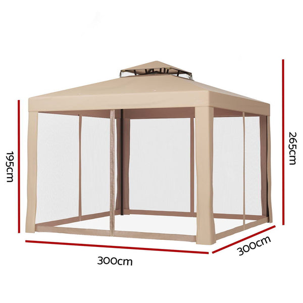 Instahut Gazebo Marquee 3M Outdoor Event Tent Camping Party Mesh Wall Canopy Brown Marquees