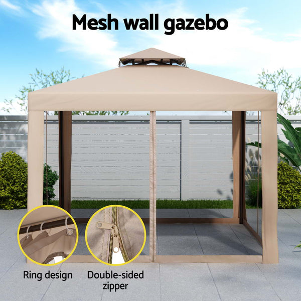 Instahut Gazebo Marquee 3M Outdoor Event Tent Camping Party Mesh Wall Canopy Brown Marquees