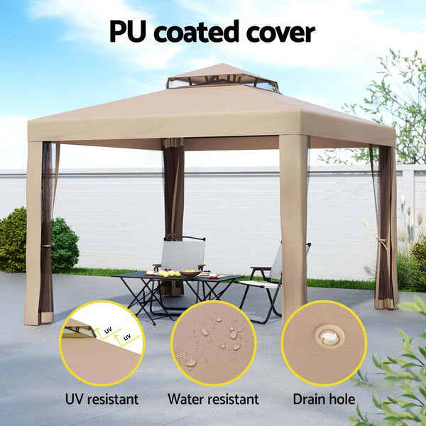 Instahut Gazebo Marquee 3M Outdoor Event Tent Camping Party Mesh Wall Canopy Brown Marquees