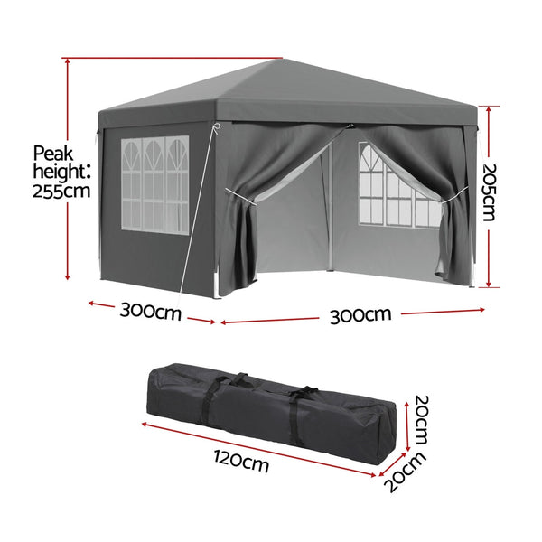 Instahut Gazebo 3X3 Pop Up Marquee Folding Tent Wedding Gazebos Camping Outdoor Shade Canopy Gray Marquees