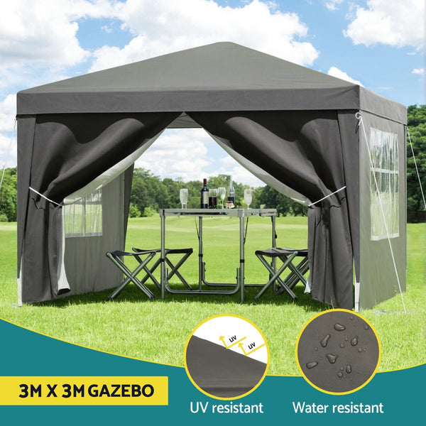Instahut Gazebo 3X3 Pop Up Marquee Folding Tent Wedding Gazebos Camping Outdoor Shade Canopy Gray Marquees