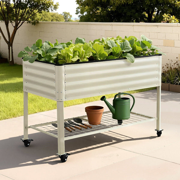 Mobile Raised Garden Bed With Wheels & Storage Shelf White 115Cm Raised Garden Beds