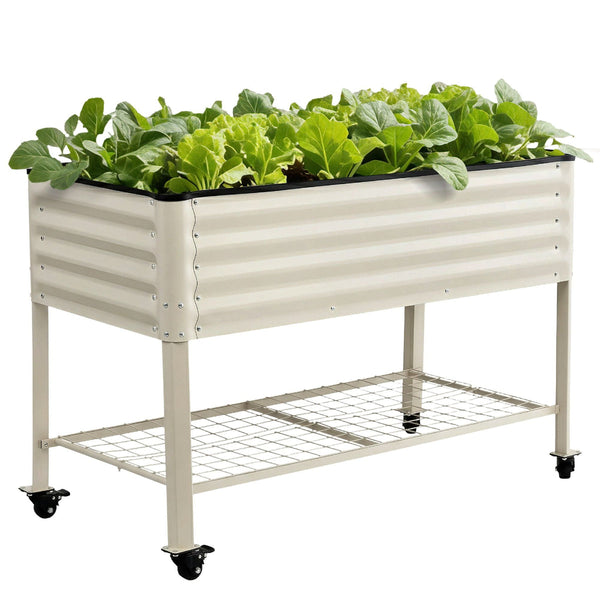 Mobile Raised Garden Bed With Wheels & Storage Shelf White 115Cm Raised Garden Beds