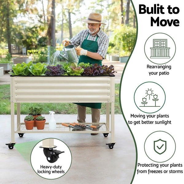 Mobile Raised Garden Bed With Wheels & Storage Shelf White 115Cm Raised Garden Beds