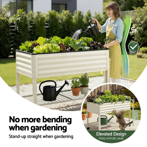 Mobile Raised Garden Bed With Wheels & Storage Shelf White 115Cm Raised Garden Beds