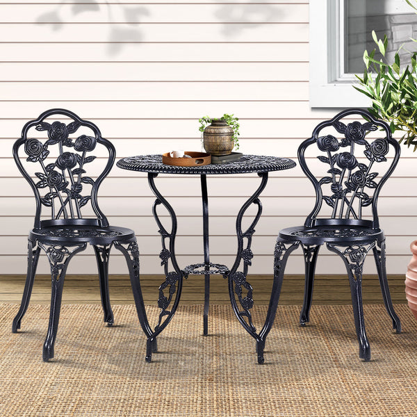 Gardeon 3Pc Outdoor Setting Bistro Chairs Table Cast Aluminum Rose Black Patio Furniture Sets