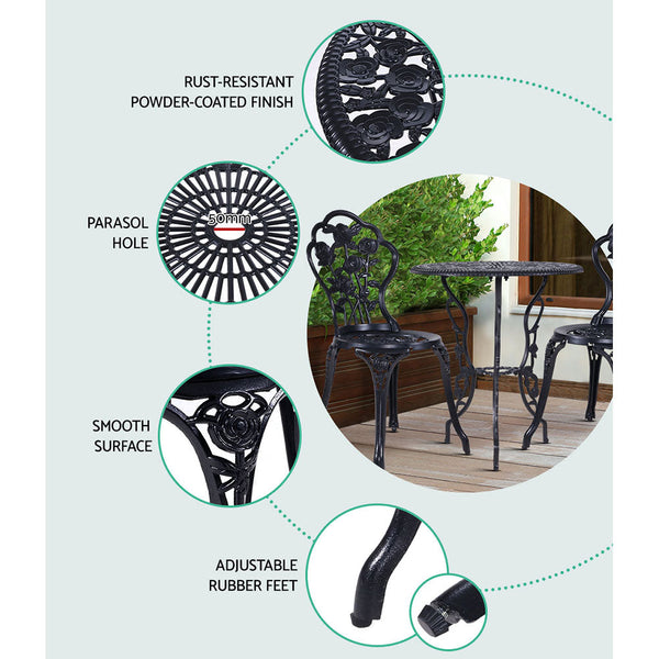 Gardeon 3Pc Outdoor Setting Bistro Chairs Table Cast Aluminum Rose Black Patio Furniture Sets