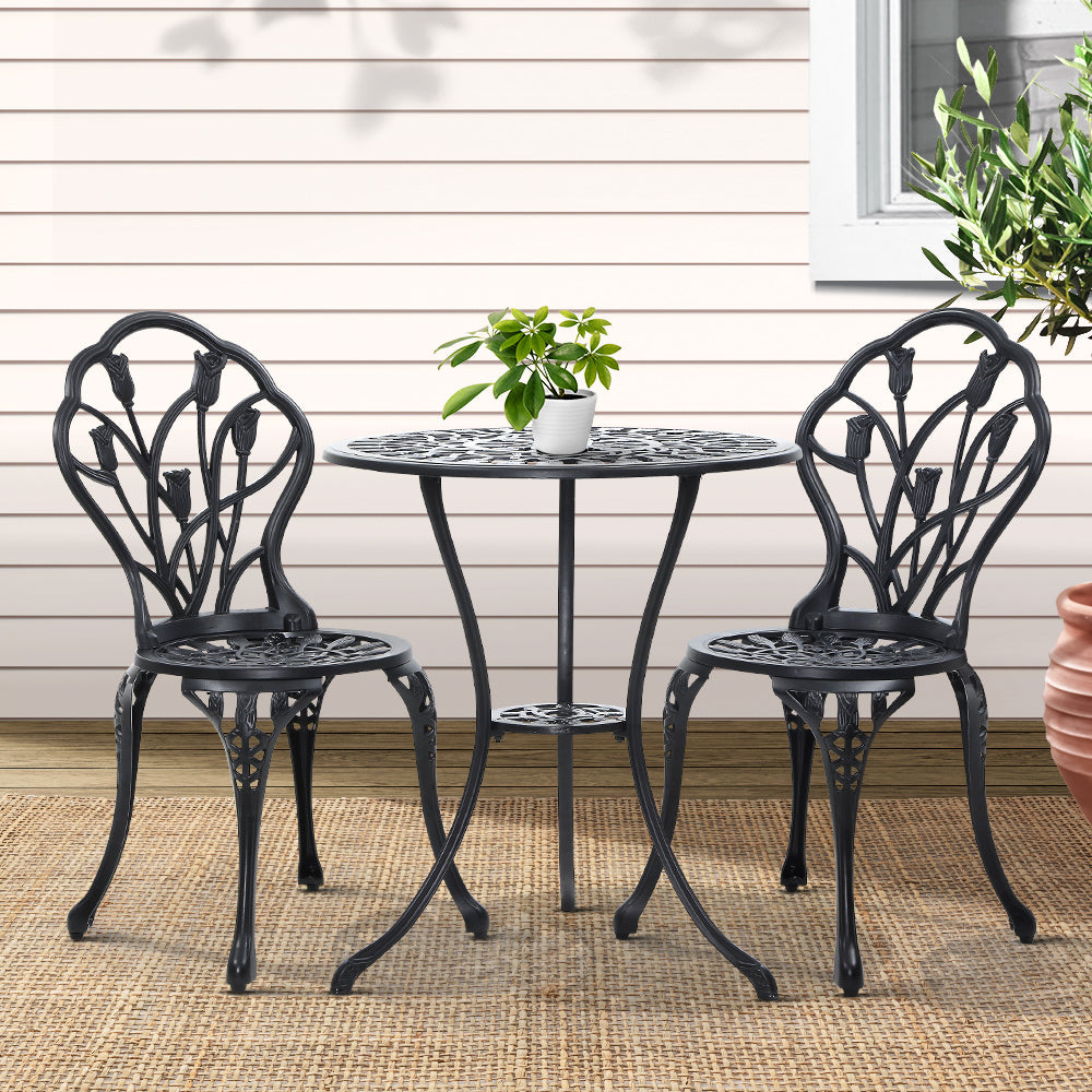 Gardeon 3Pc Outdoor Setting Bistro Set Chairs Table Cast Aluminum Patio Furniture Tulip Black Patio Furniture Sets