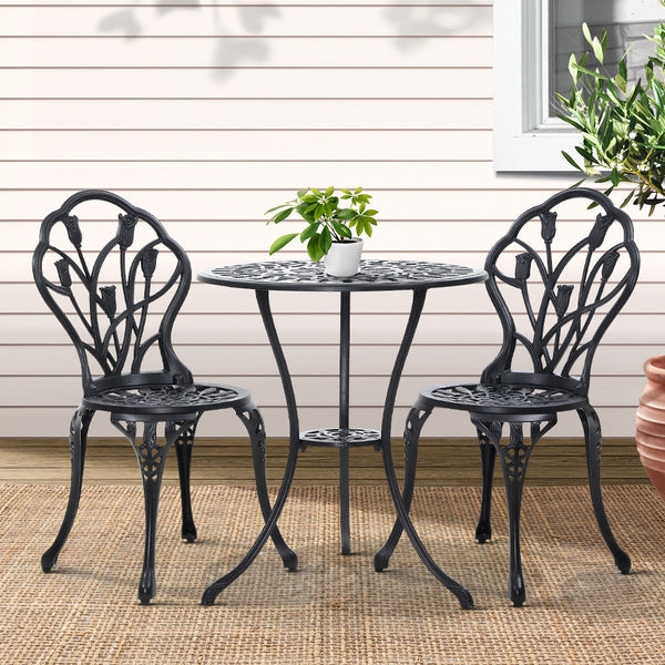 Gardeon 3Pc Outdoor Setting Bistro Set Chairs Table Cast Aluminum Patio Furniture Tulip Black Patio Furniture Sets