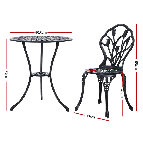 Gardeon 3Pc Outdoor Setting Bistro Set Chairs Table Cast Aluminum Patio Furniture Tulip Black Patio Furniture Sets