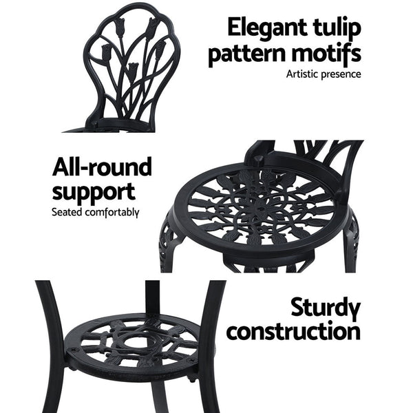 Gardeon 3Pc Outdoor Setting Bistro Set Chairs Table Cast Aluminum Patio Furniture Tulip Black Patio Furniture Sets