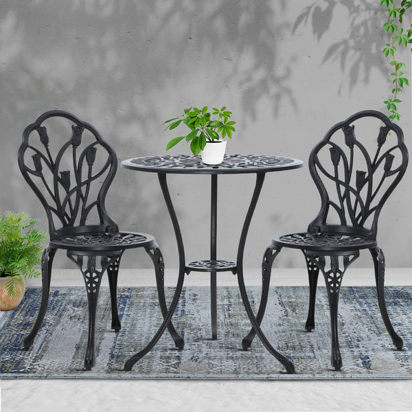 Gardeon 3Pc Outdoor Setting Bistro Set Chairs Table Cast Aluminum Patio Furniture Tulip Black Patio Furniture Sets