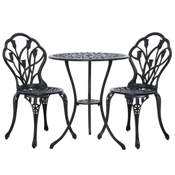 Gardeon 3Pc Outdoor Setting Bistro Set Chairs Table Cast Aluminum Patio Furniture Tulip Black Patio Furniture Sets