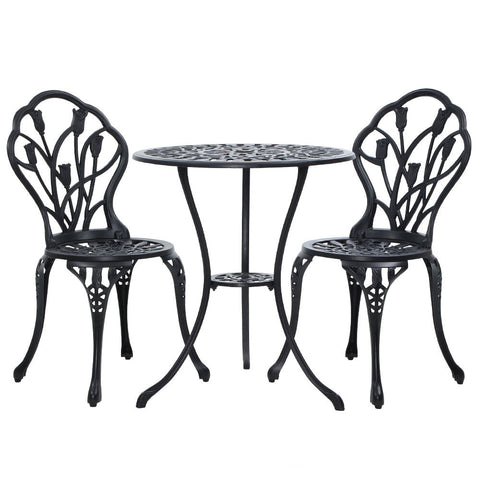 Gardeon 3Pc Outdoor Setting Bistro Set Chairs Table Cast Aluminum Patio Furniture Tulip Black Patio Furniture Sets