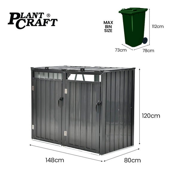 Plantcraft Double Steel Wheelie Garbage Bin Storage Shed Enclosure With 2 Opening Doors Rubbish Bins
