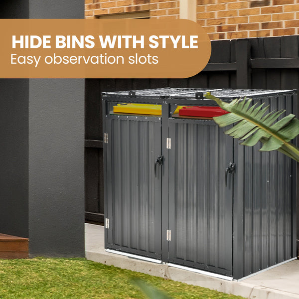 Plantcraft Double Steel Wheelie Garbage Bin Storage Shed Enclosure With 2 Opening Doors Rubbish Bins