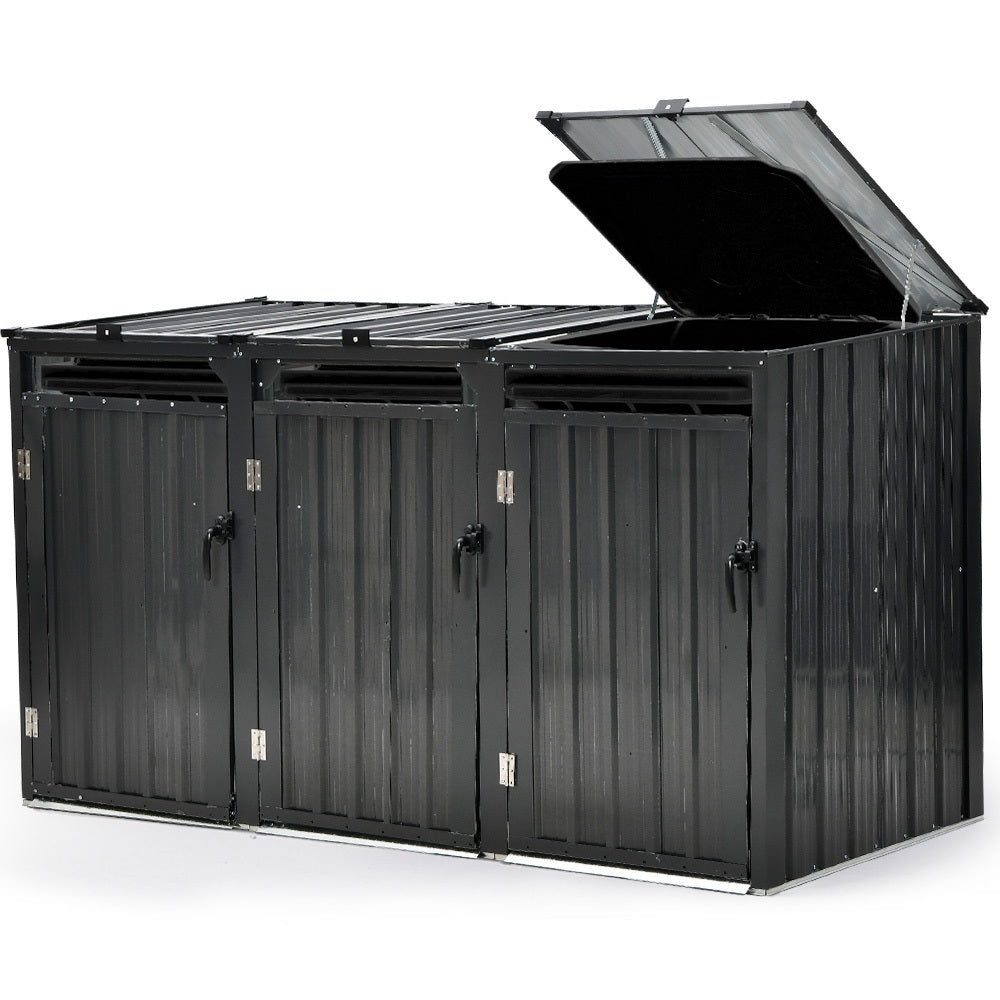 Triple Steel Wheelie Garbage Bin Storage Shed Enclosure With 3 Opening Doors Rubbish Bins
